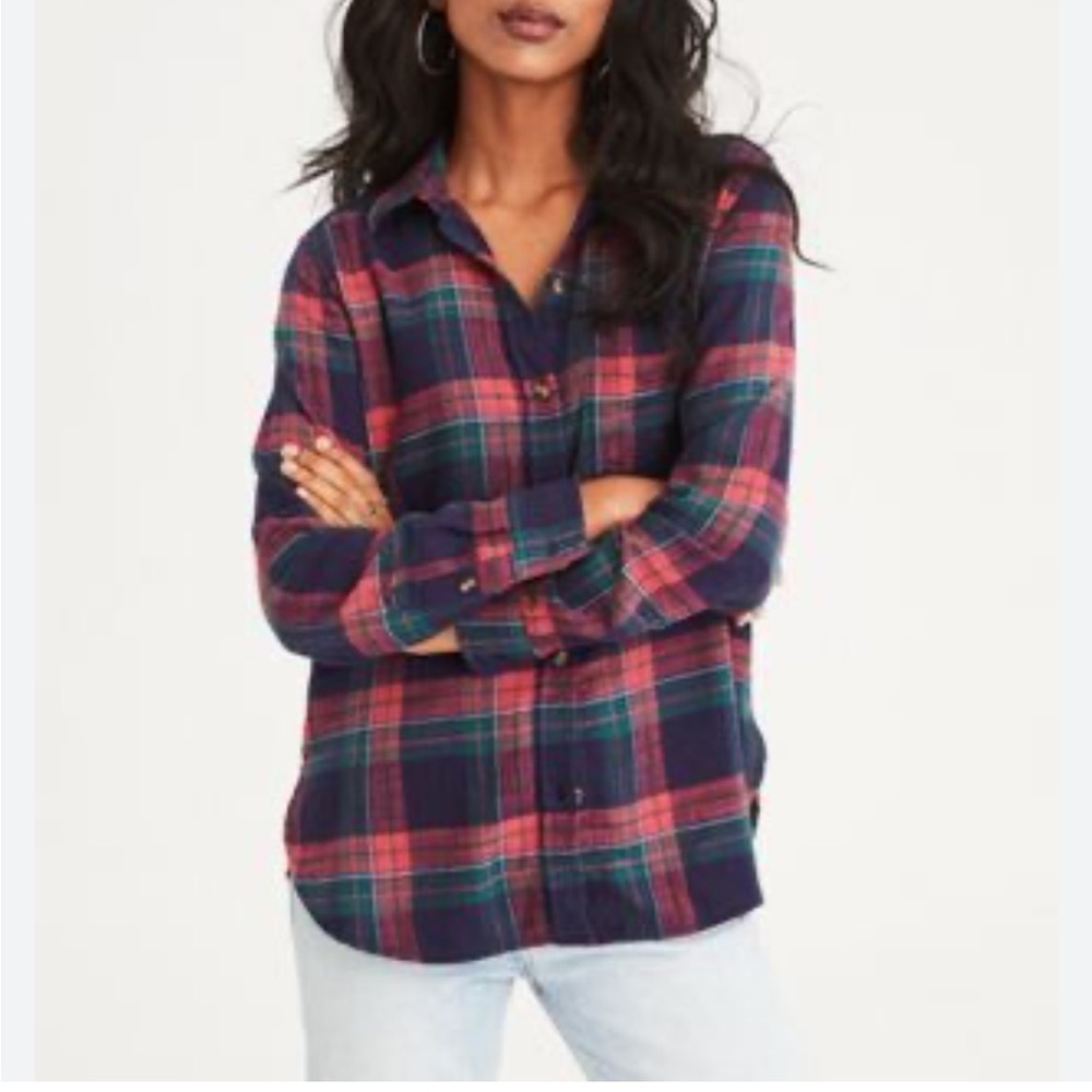 American Eagle Outfitters Plaid Button-Down Shirt - Navy and Pink